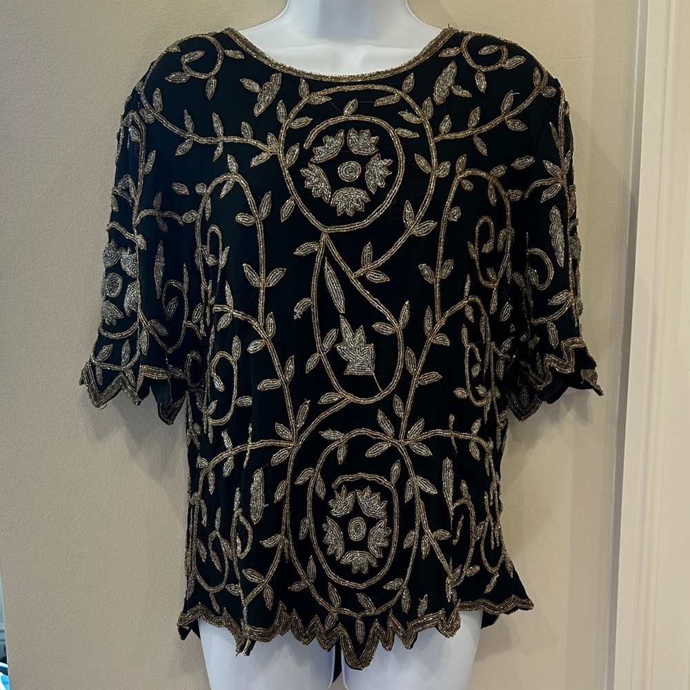 Elegant Black and Gold Embroidered Women's Top - 2X